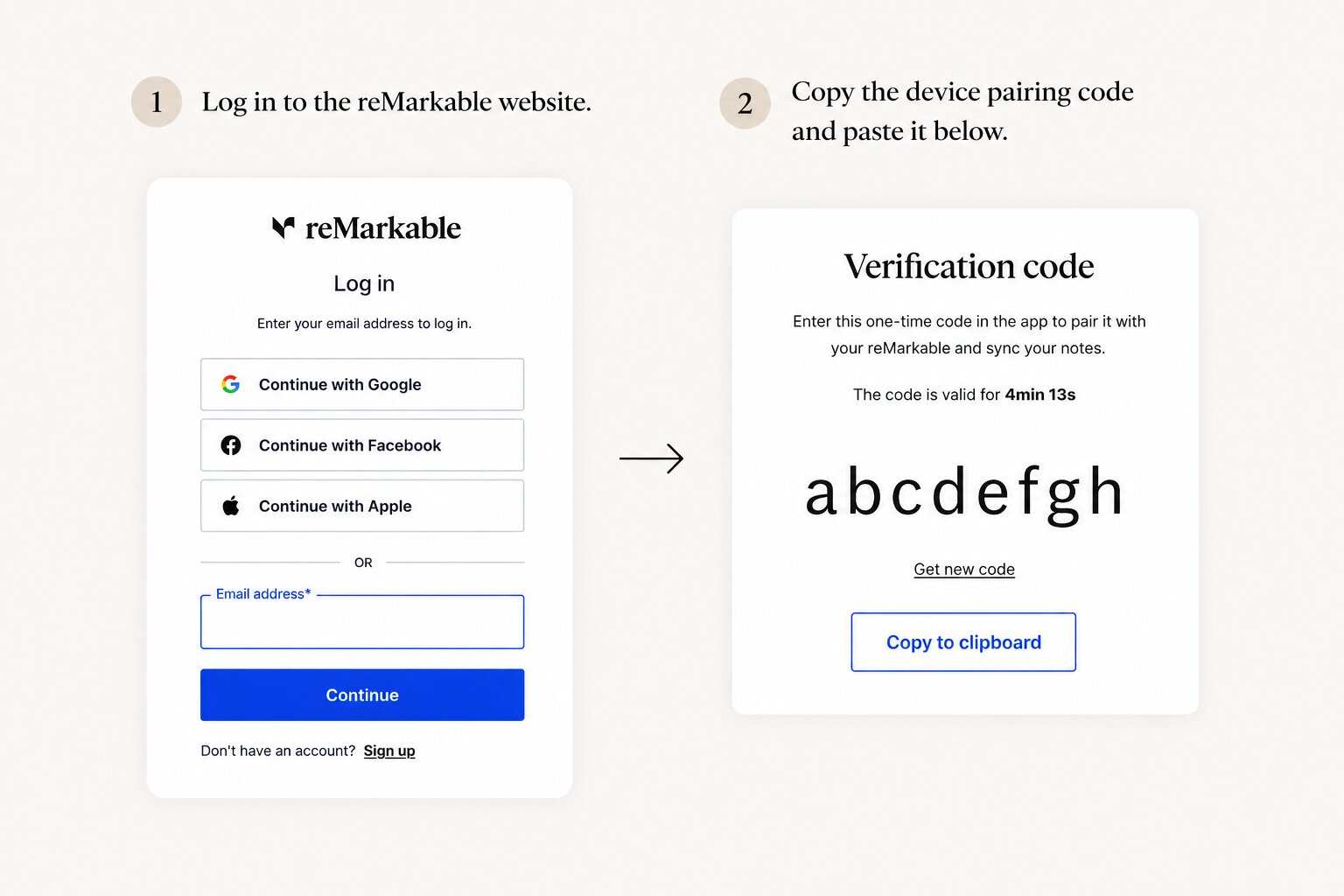 The reMarkable website after signing in, showing the eight-letter one-time code.